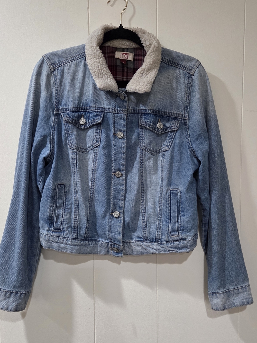 Vintage l.e.i. Denim Trucker Jacket XL Sherpa Collar Plaid Flannel Lined Y2K 90s